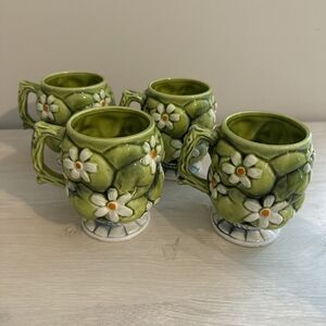 Inacro Apple and Daisy Coffee Mugs Green Ceramic 1967 Japan Set of 4 Vintage Mod